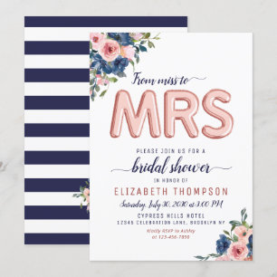 Floral Navy Blush Rose Gold Balloon Bridal Shower Invitation