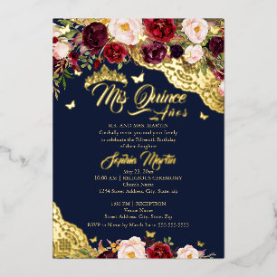 Floral Navy Burgundy Gold Lace Quinceanera
