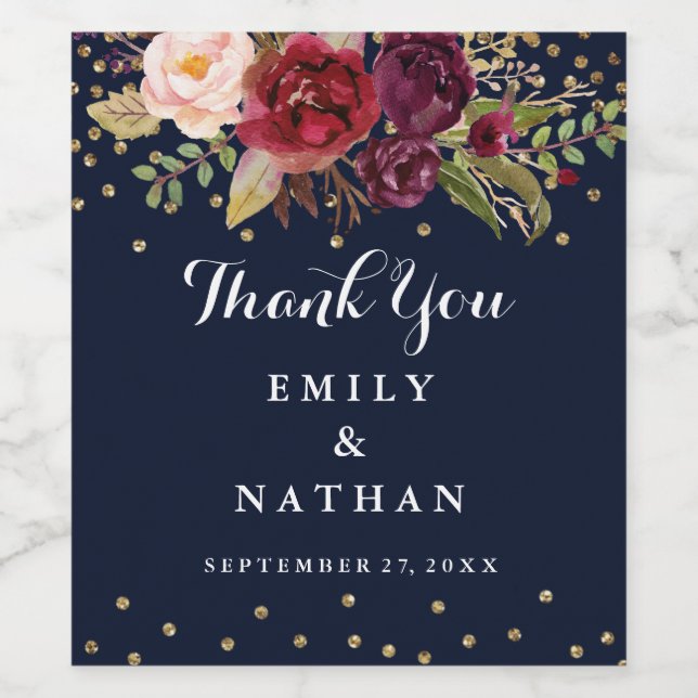 Floral Navy Burgundy Wedding Thank You Wine Label (Single Label)