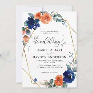 Floral Navy Burnt Orange Rust Gold Foil Wedding Invitation