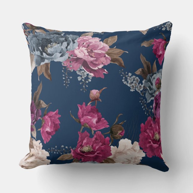 Floral Navy Decorative Pillow (Front)