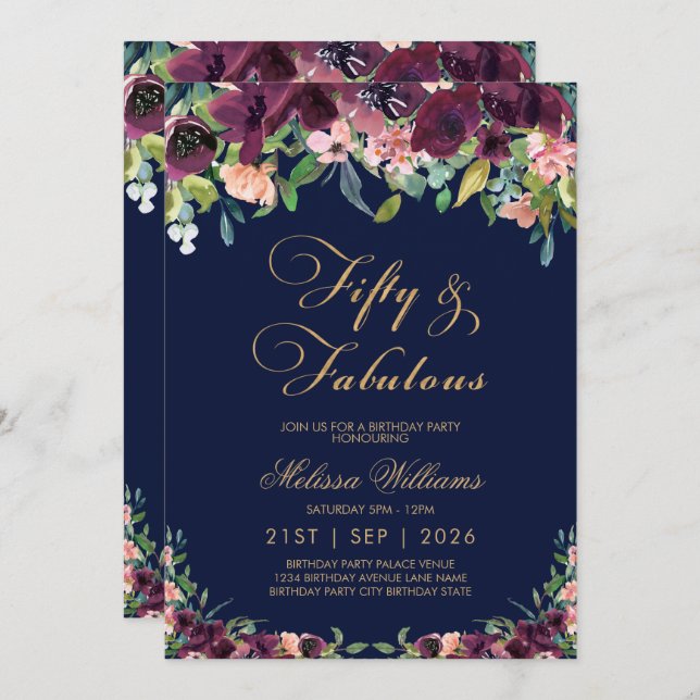 Floral Navy Fifty & Fabulous 50th Birthday Invitation (Front/Back)