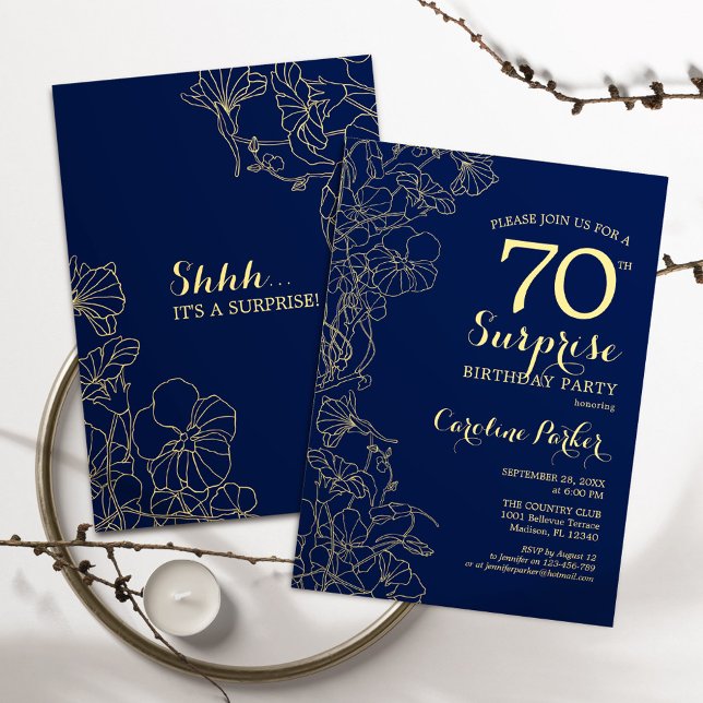 Floral Navy Gold Surprise 70th Birthday Party Invitation (Creator Uploaded)