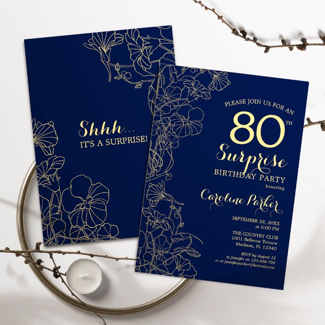 Floral Navy Gold Surprise 80th Birthday Party Invitation (Creator Uploaded)