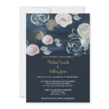 Floral Navy & Gold Wedding Invitation