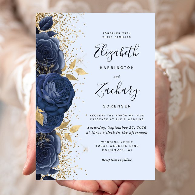 Floral Navy Light Blue Gold Wedding Invitation (Creator Uploaded)