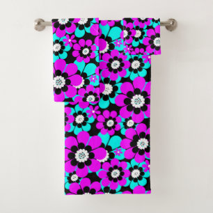 Floral Neon Pattern Purple and Turquoise Flowers  Bath Towel Set