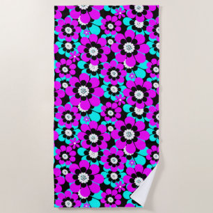 Floral Neon Pattern Purple and Turquoise Flowers  Beach Towel