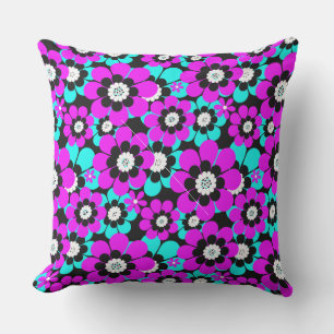 Floral Neon Pattern Purple and Turquoise Flowers  Cushion