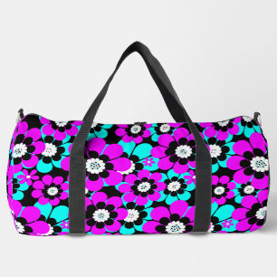 Floral Neon Pattern Purple and Turquoise Flowers Duffle Bag