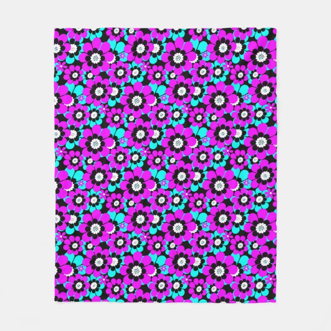Floral Neon Pattern Purple and Turquoise Flowers  Fleece Blanket (Front)