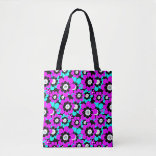 Floral Neon Pattern Purple and Turquoise Flowers Tote Bag