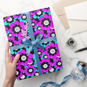 Floral Neon Pattern Purple and Turquoise Flowers Wrapping Paper