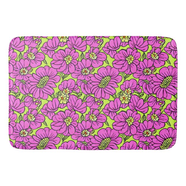 Floral Neon Pink and Yellow Daisies Pattern Bath Mat (Front)