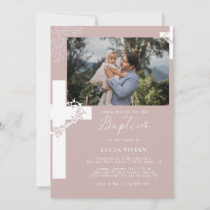 Floral Neutral Cross Minimalist Baptism Photo Invitation