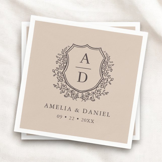 Floral Neutral Taupe Crest Wedding Monogram Napkin (Creator Uploaded)