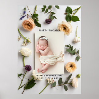 Floral New Baby Name Birth Stats Photo Poster