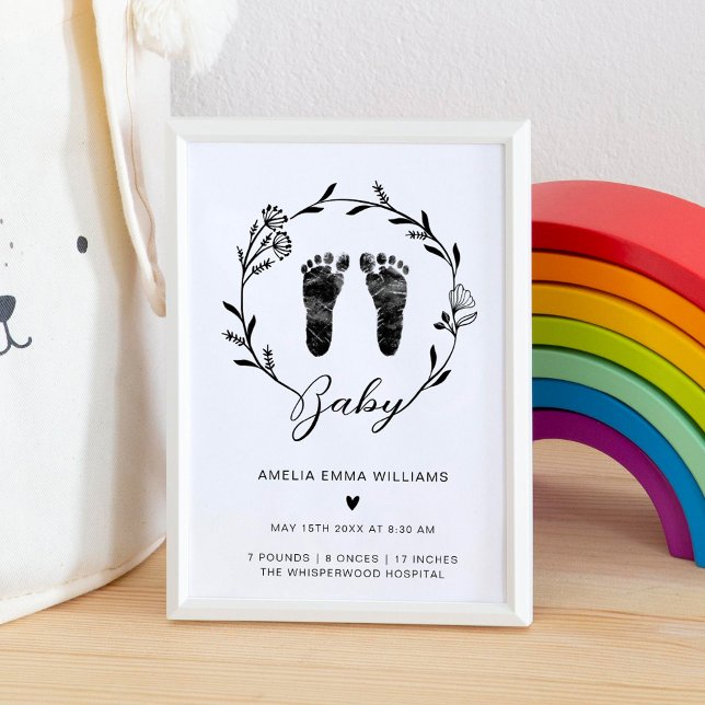 Floral Newborn Custom Baby Footprints Birth Stats Poster (Creator Uploaded)