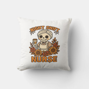 Floral Night Shift Nurse Skeleton Halloween RN Nur Cushion