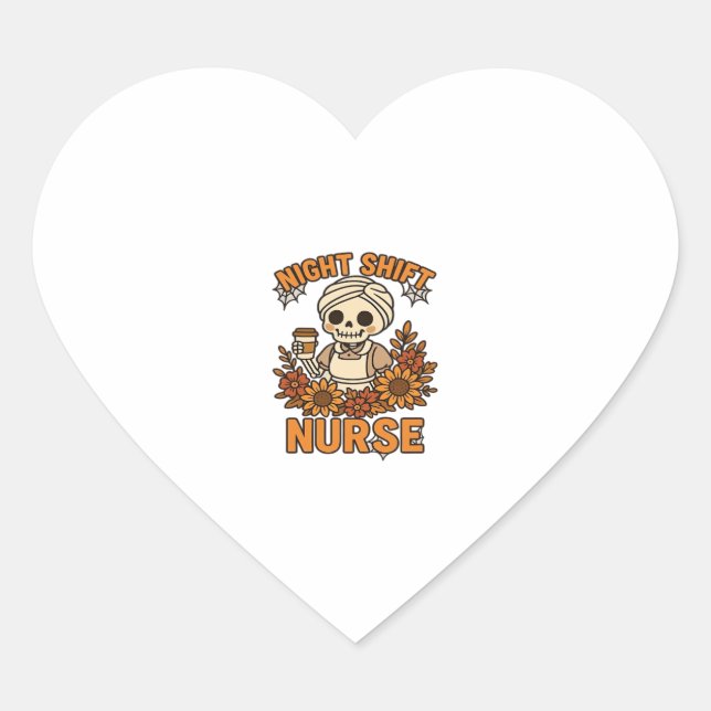 Floral Night Shift Nurse Skeleton Halloween RN Nur Heart Sticker (Front)