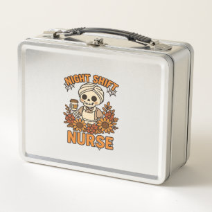 Floral Night Shift Nurse Skeleton Halloween RN Nur Metal Lunch Box