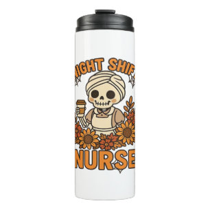 Floral Night Shift Nurse Skeleton Halloween RN Nur Thermal Tumbler