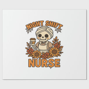 Floral Night Shift Nurse Skeleton Halloween RN Nur Wrapping Paper
