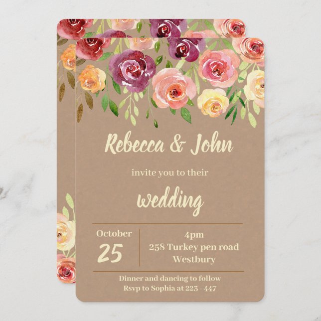 Floral Nude Watercolor wedding invitation (Front/Back)