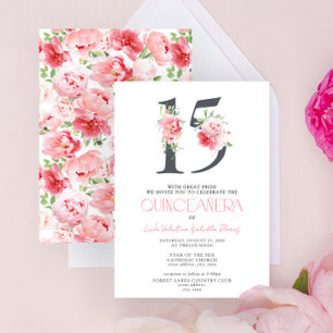 Floral Number 15 Pink Elegant Modern Quinceañera Invitation