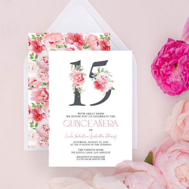 Floral Number 15 Pink Elegant Modern Quinceañera Invitation (Creator Uploaded)