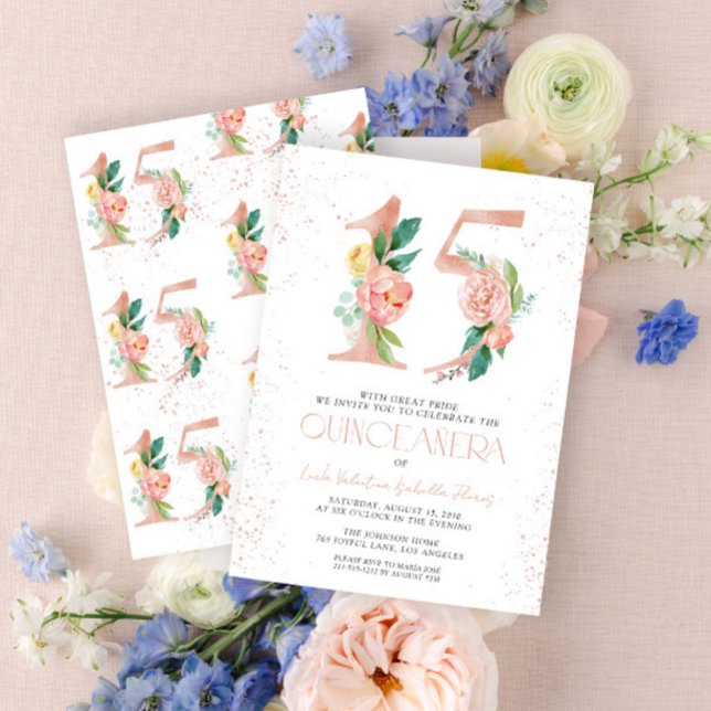 Floral Number 15 Pink Rose Gold Quinceañera Invitation (Creator Uploaded)