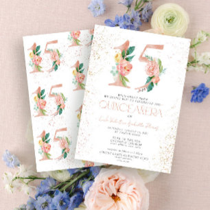 Floral Number 15 Pink Rose Gold Quinceañera Invitation