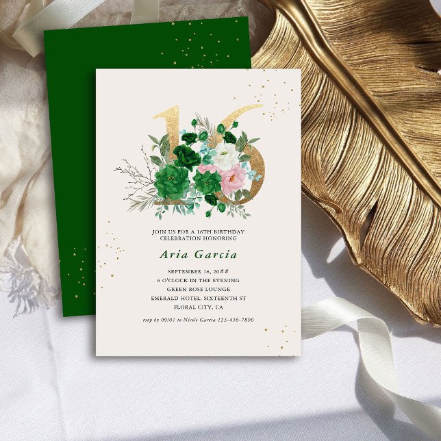 Floral Number 16 Emerald Green 16th Birthday Party Invitation (Elegant 16th Birthday Invitation with emerald green and pale pink roses and gold number 16)