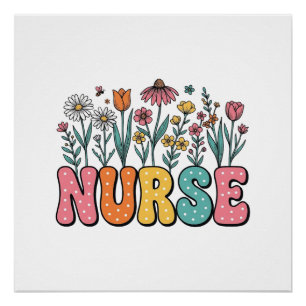 Floral Nurse Bubble Letter Vintage Style Shirt Des Poster