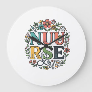 Floral Nurse Shirt Design Vintage Medical Art_1 Large Clock