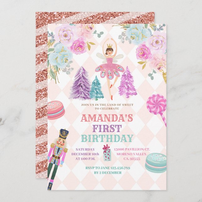 Floral Nutcracker Land of Sweets Girl Birthday Invitation (Front/Back)