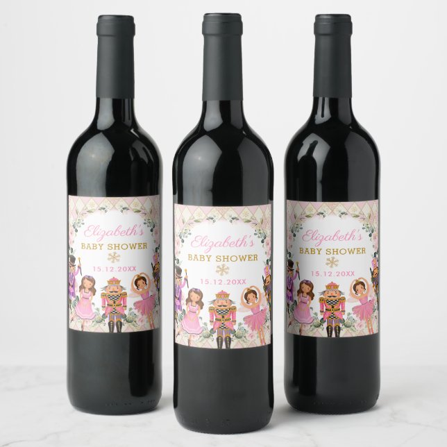 Floral Nutcracker Winter Holiday Baby Girl Shower Wine Label (Bottles)