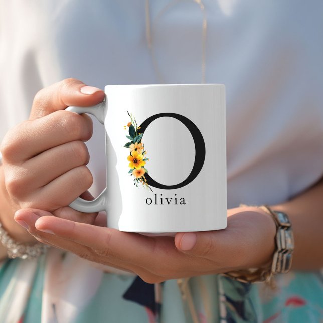Floral O Monogram Mug with Editable Name (Floral O Monogram Mug with Editable Name. Yellow, Orange & Greenery Watercolor Flowers.)
