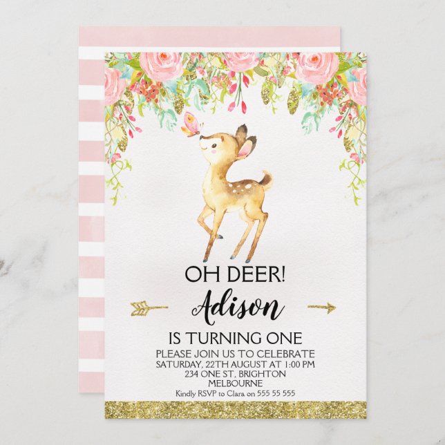 Floral Oh Deer Any Age Birthday Party Invitation (Front/Back)