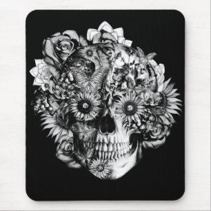 Floral ohm skull illustration in black/ white mouse pad