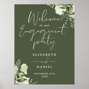 Floral Olive Green Engagement Party Welcome Sign