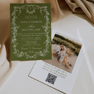 Floral Olive Green Garden Photo QR Code Wedding Invitation