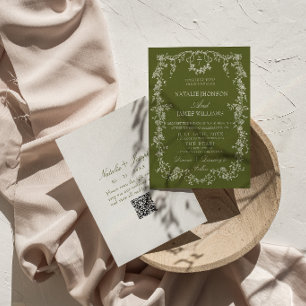Floral Olive Green Garden QR Code Retro Wedding Invitation