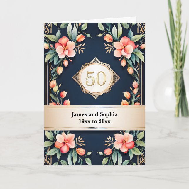 Floral on Black 50th Wedding Anniversary Card (Front)