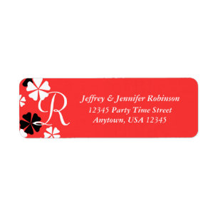 Floral on Christmas Red Monogram Name and Address Return Address Label