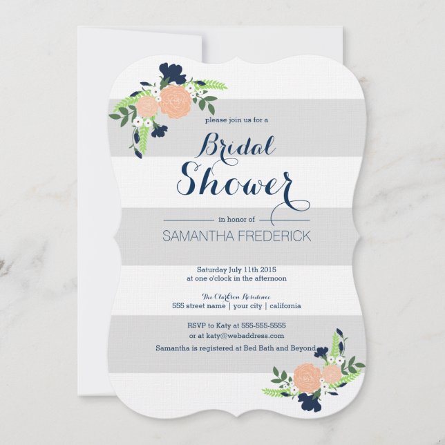 Floral on grey stripe - Bridal Shower Invitation (Front)