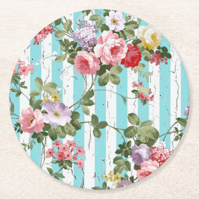 Floral on Weathered Antique Blue Stripe Round Paper Coaster (Front)