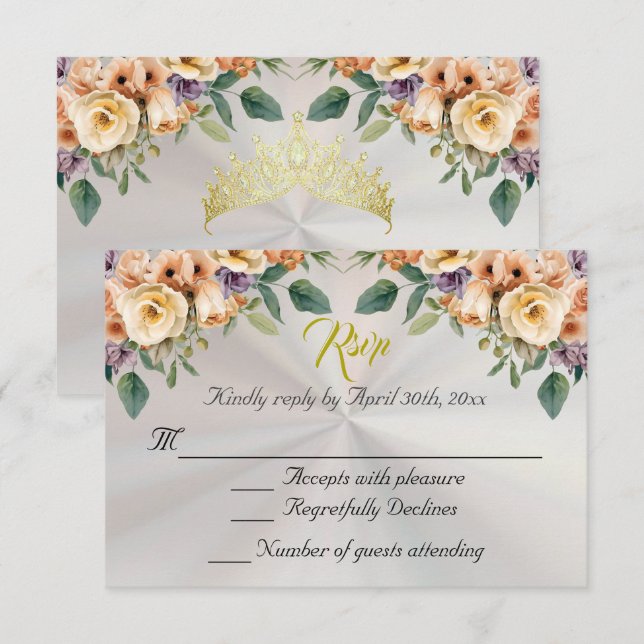 Floral on White Pearl Quinceanera RSVP Card (Front/Back)