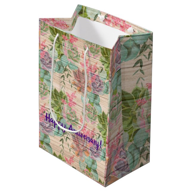 Floral on Wood Popular Customise Text Medium Gift Bag (Front Angled)