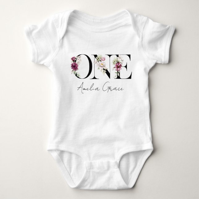 Floral ONE Baby Girl's 1st Birthday + Name Outfit Baby Bodysuit (Front)